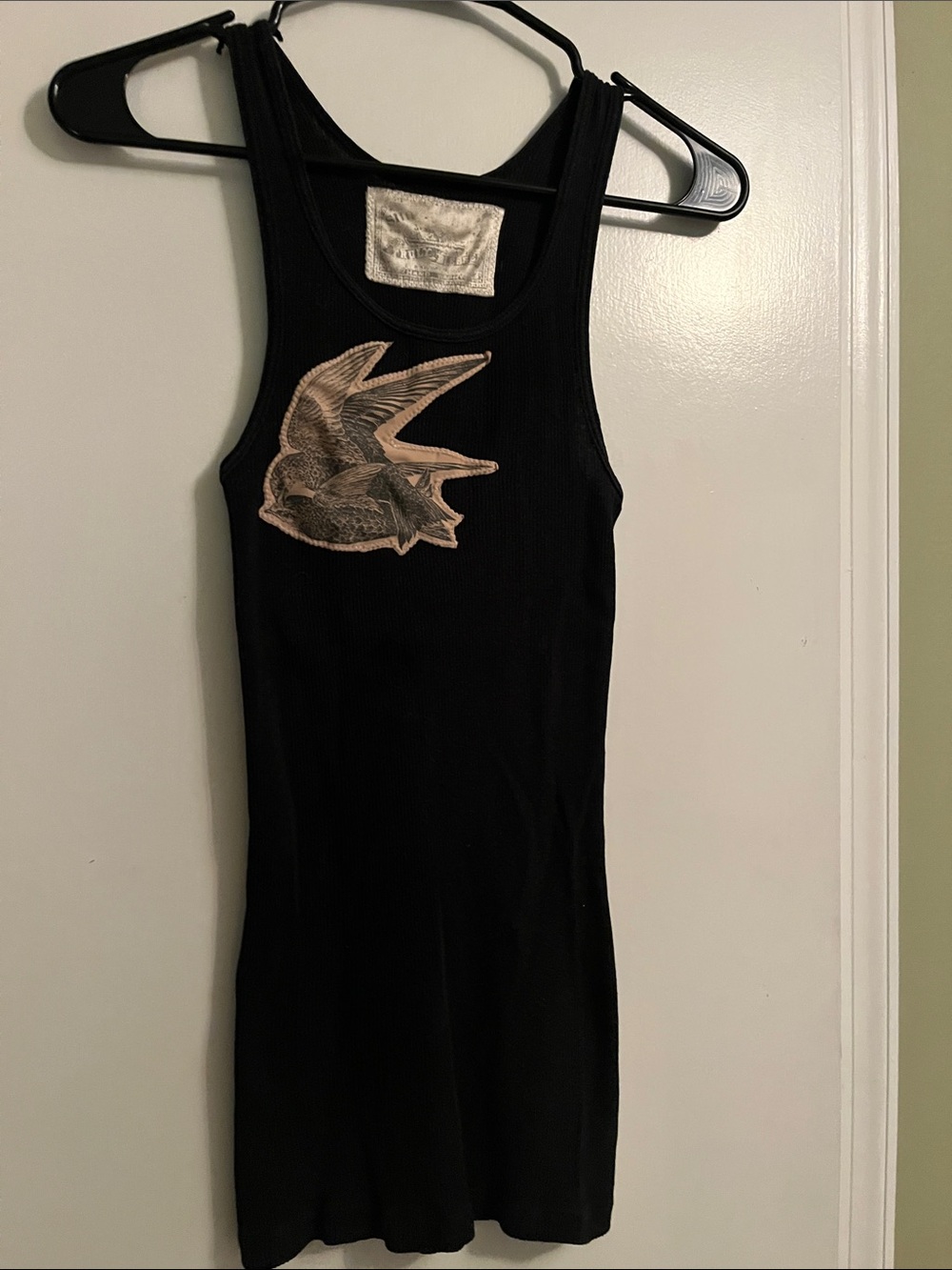 Black stretch up cycled tank w/handmade bird print.